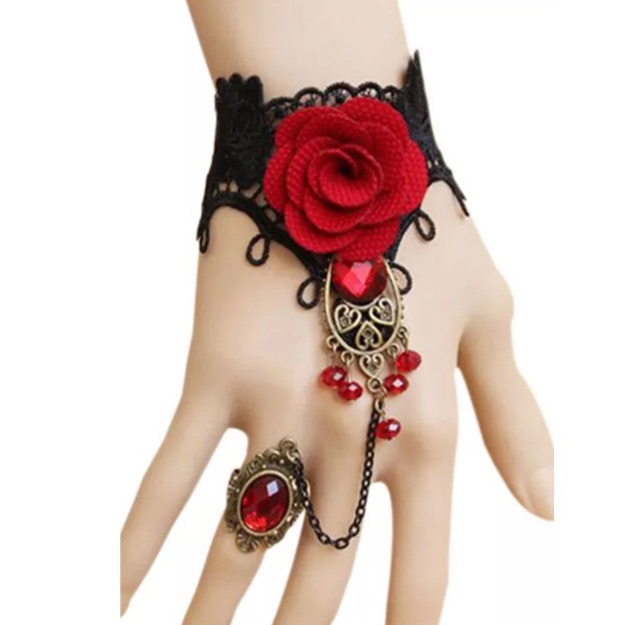 Eleanor Shumark Gothic Black Lace Red Rose Bracelet /Ring.Nwt